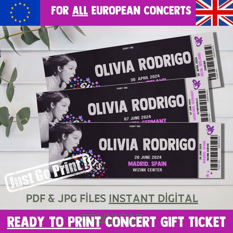 Olivia Rodrigo Guts Tour, Presentation Gifting Ticket. European Tour 2024 Ready to Print