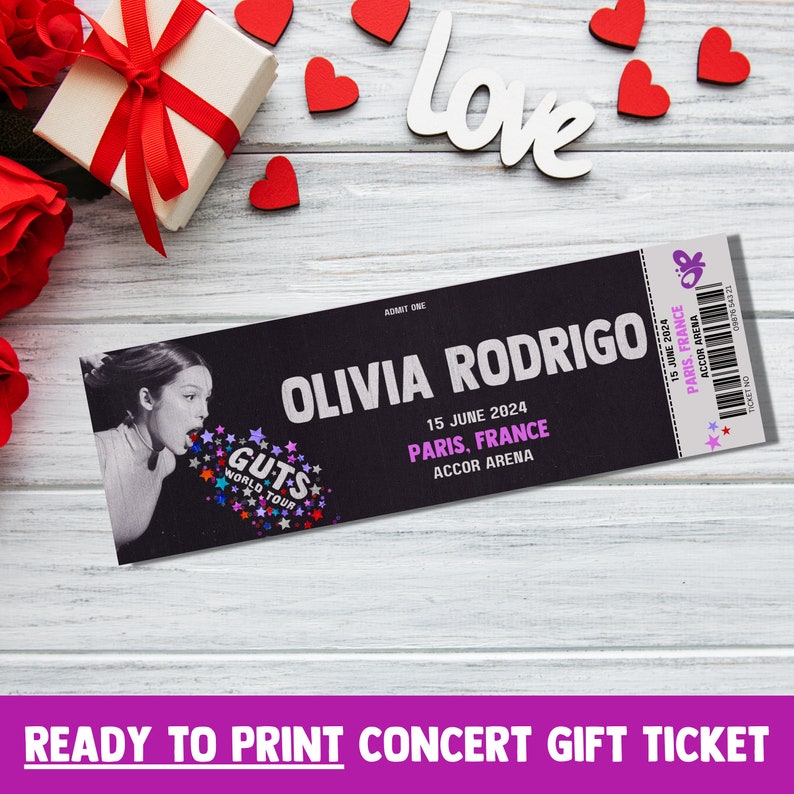 Olivia Rodrigo Guts Tour, Presentation Gifting Ticket. European Tour 2024 Ready to Print