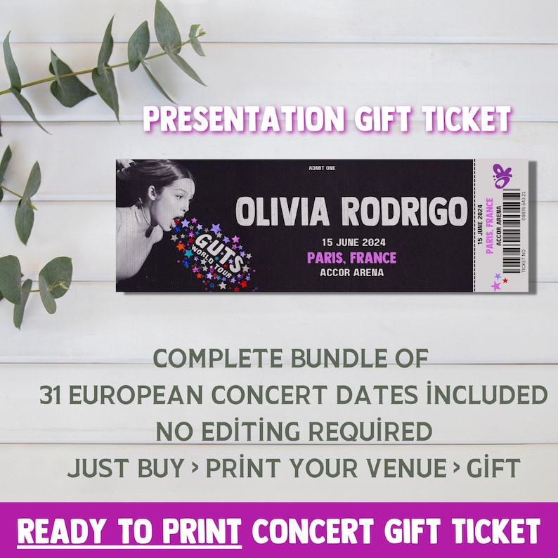 Olivia Rodrigo Guts Tour, Presentation Gifting Ticket. European Tour 2024 Ready to Print