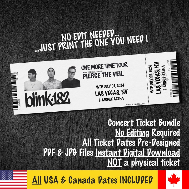 Blink 182 Gift Ticket Bundle Instant Download All USA & Canada Concerts