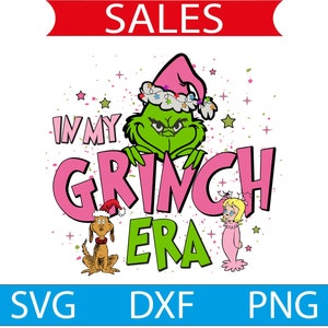 Könnte beinhalten: Ein pinkfarbenes und grünes Grafikdesign mit dem Text "In My Grinch Era". Das Design zeigt den Grinch mit einem Weihnachtsmann-Hut, Cindy Lou Who und einen Hund.