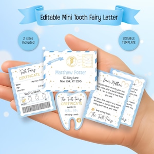 May include: A collection of blue and white Tooth Fairy stationery, including a certificate, letter, and postcard. The text "Editable Mini Tooth Fairy Letter" is displayed at the top. The stationery is designed with a whimsical fairy theme.