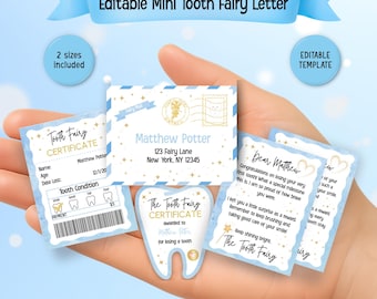 Editable Blue Mini Tooth Fairy Letter, Tooth Fairy Receipt, Tooth Fairy Certificate, Tooth Fairy Envelope Template