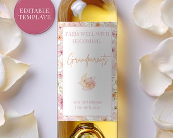 Editable Pregnancy Announcement Wine Label, Digital Download, Baby Girl Reveal, Gift for Grandparents, Aunt, Uncle, Girl