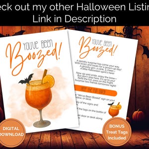 May include: Digital Halloween-themed download with two cards saying "You've Been Boozed!" and a cocktail illustration. Includes bonus treat tags. Set against a wooden background with pumpkins and bats.