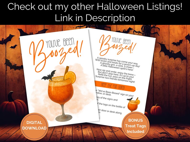 May include: Digital Halloween-themed download with two cards saying "You've Been Boozed!" and a cocktail illustration. Includes bonus treat tags. Set against a wooden background with pumpkins and bats.