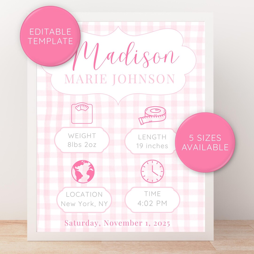 Pinkstats Signage Editable Birth Stats Sign, Pink Gingham Nursery Wall Art, Nursery Decor ...