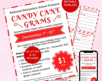 Modèle de gramme de canne en bonbon, collecte de fonds imprimable en canne de bonbon, cadeaux de Noël, Flyer modifiable en canne de bonbon