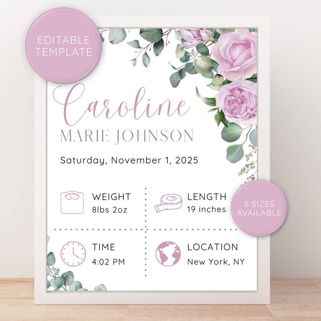 Baby Stats. Sign Square Editable Birth Stats Sign, Baby Birth Stats Poster, Nursery Wall Art ...