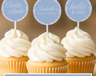 Redigerbara Cielito Lindo babyshower-muffinsdekorationer, Cielito Lindo utskrivbara toppar, blå Talavera-muffinsdekorationer, BS100