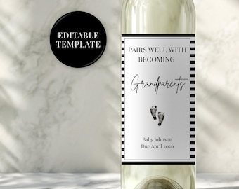 Editable Pregnancy Announcement Wine Label, Digital Download, Custom Baby Reveal Gift for Grandparents, Aunt, Uncle, Black & White Theme