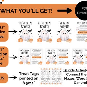 May include: Digital Halloween printable set. Includes full-size pages, 2-5x7" pages, and bonus treat tags. Features ghost illustrations, pumpkins, and the text "You've Been Booed!" and "Keep the Fun Going!" Includes kids' activity pages.