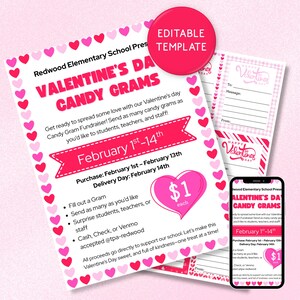 May include: A Valentine's Day Candy Gram fundraiser flyer with a pink and white heart theme. The flyer includes the text "Valentine's Day Candy Grams" and details about the fundraiser, including the price of $1 each. A smartphone displays the flyer.