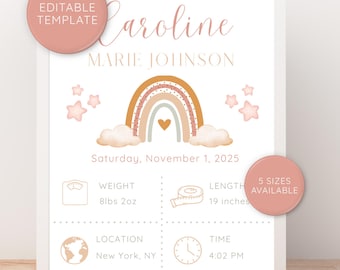 Editable Birth Stats Sign, Boho Nursery Wall Art, Nursery Decor, New Parents Gift, Baby Gift, Birth Announcement Sign