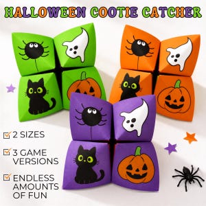 May include: Three paper cootie catchers in green, orange, and purple, each featuring black spider, white ghost, black cat, and orange pumpkin illustrations. Text reads: HALLOWEEN COOTIE CATCHER, 2 SIZES, 3 GAME VERSIONS, ENDLESS AMOUNTS OF FUN.