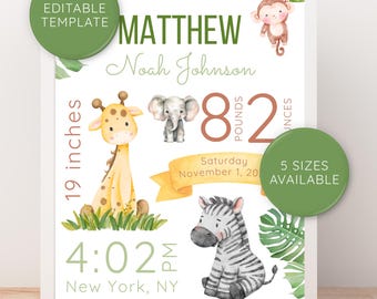 Editable Birth Stats Sign, Jungle Nursery Wall Art, Nursery Decor, New Parents Gift, Baby Gift, Birth Announcement Sign