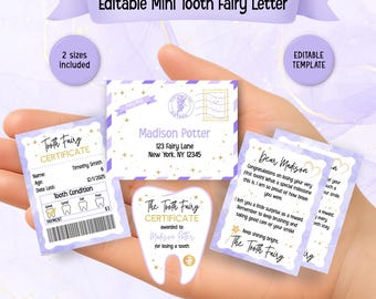 Editable Purple Tooth Fairy Letter, Tooth Fairy Receipt, Tooth Fairy Certificate, Tooth Fairy Envelope Template