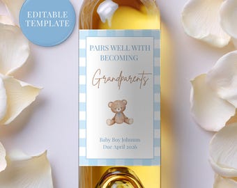 Editable Pregnancy Announcement Wine Label, Digital Download, Baby Boy Reveal Gift for Grandparents, Aunt, Uncle,
