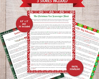 Op de afbeelding: Een kerstspel met drie verhalen, waaronder "Christmas Eve Scavenger Hunt" en "Elf's Big Adventure". Het spel bevat pagina's van A4- en 8,5" x 11"-formaat en een digitale downloadoptie.