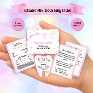 Puede incluir: Un conjunto de papelería rosa y blanca de Tooth Fairy, que incluye un certificado, una carta y un sobre. El conjunto presenta el texto "Editable Mini Tooth Fairy Letter" y "The Tooth Fairy Certificate". La papelería tiene un diseño caprichoso con temática de estrellas.