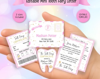 Editable Pink Mini Tooth Fairy Letter, Tooth Fairy Receipt, Tooth Fairy Certificate, Tooth Fairy Envelope Template