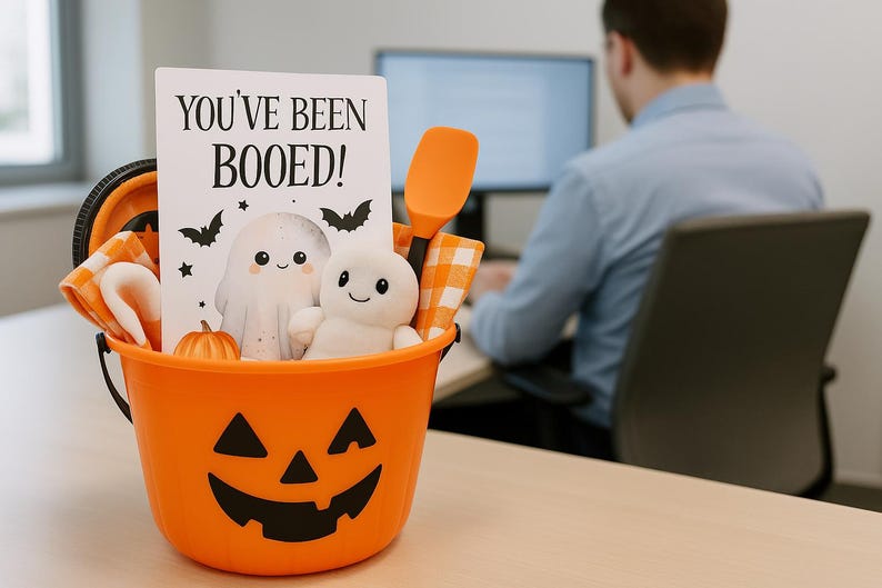 May include: An orange Halloween bucket with a jack-o'-lantern face design, filled with a card that reads "YOU'VE BEEN BOOED!" and a plush ghost. Also includes a small pumpkin, a spatula, and a checkered cloth. A person is blurred in the background.