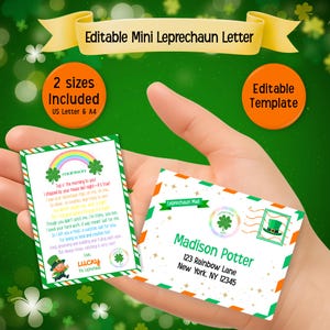 May include: A hand holding two St. Patrick's Day themed cards. One card features a rainbow, shamrocks, and text, including "Lucky the Leprechaun." The other card is an envelope with a leprechaun hat stamp and the name "Madison Potter."