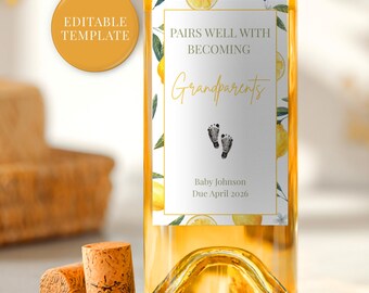 Editable Pregnancy Announcement Wine Label, Digital Download, Custom Baby Reveal Gift for Grandparents, Aunt, Uncle, Lemon Theme