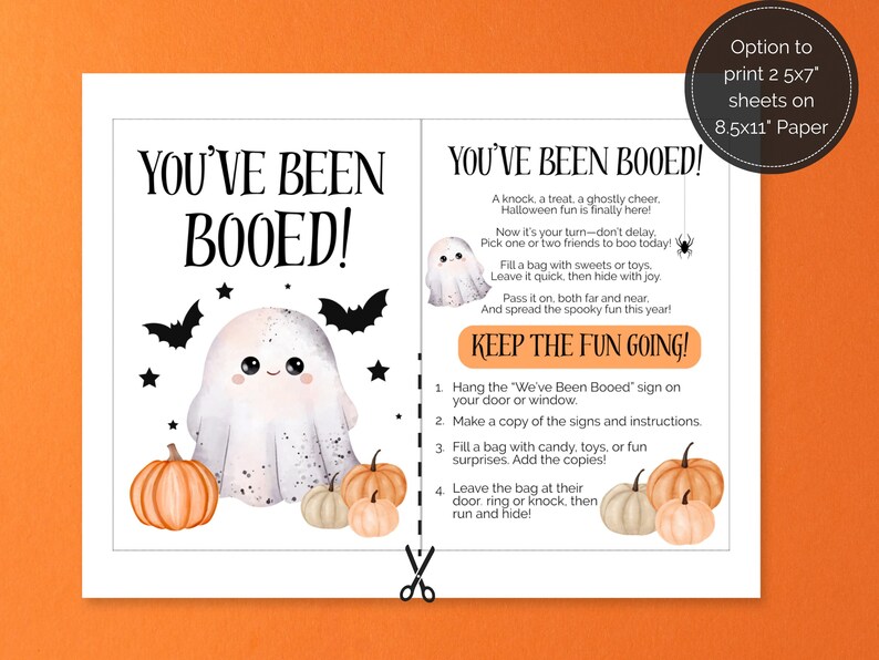 May include: A printable Halloween "You've Been Booed" sign with instructions. The design features a cute ghost, pumpkins, bats, and stars. The text includes instructions on how to participate in the Halloween tradition.