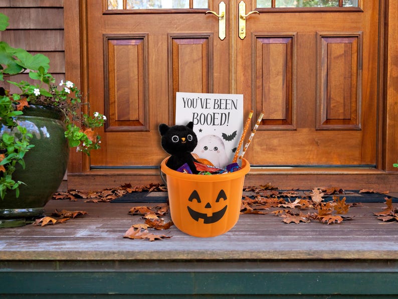 May include: An orange Halloween bucket shaped like a jack-o'-lantern, filled with treats, a black cat toy, and a sign saying "YOU'VE BEEN BOOED!". The bucket is on a porch with autumn leaves.