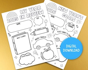 Téléchargement numérique des objectifs du nouvel an, résolution du nouvel an pour les enfants, nouvel an 2026 imprimable, bilan de l'année 2025 imprimable