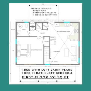 Cabin House Plans with Loft 31'x21' House Plan - 1 bedroom modern tiny home, 651 SQ FT small house plans (Instant PDF Download)