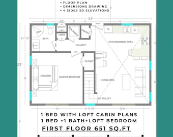 Cabin House Plans with Loft 31'x21' House Plan - 1 bedroom modern tiny home, 651 SQ FT small house plans (Instant PDF Download)
