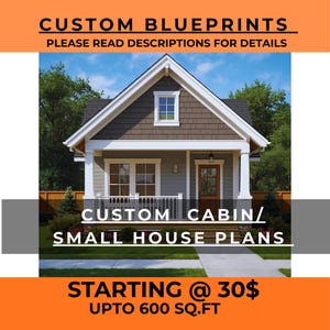 Könnte beinhalten: Ein Bild eines kleinen Hauses mit braunem Dach, weißen Zierleisten und hellgrauer Fassade. Der Text auf dem Bild lautet "CUSTOM BLUEPRINTS" und "CUSTOM CABIN/SMALL HOUSE PLANS". Das Bild zeigt auch "BIS ZU 55.74 m²".