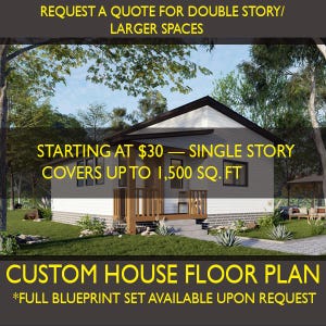 May include: A digital rendering of a white and black house with a porch, surrounded by green grass and trees. Text on the image reads: "Request a quote for double story/larger spaces", "Starting at $30 - single story covers up to 1,500 sq. ft", and "Custom house floor plan".