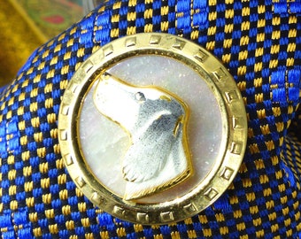 Upcycled vintage pointer dog head profile gold frame with Mother of pearl background magnetic MagTAK silk covered back button. Gift packaged