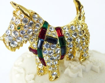 Kenneth Jay Lane Scottish Terrier dog clear crystal latch back brooch pin, baguette collar harness in ruby red and emerald green crystals