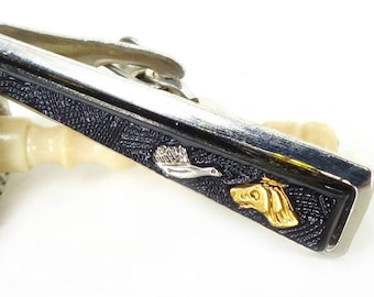 Hunting silver modern tie bar with raised bird and hunting sporting dog on textured black glossy embellishment. Free gift packaging
