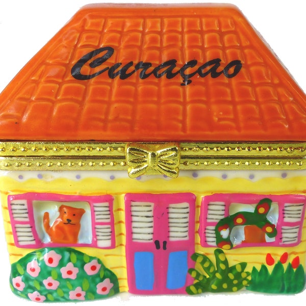 Beautiful, unique Curacao porcelain Little house hinged trinket box. Flower garden with dog sitting in the window and sleeping in the back.