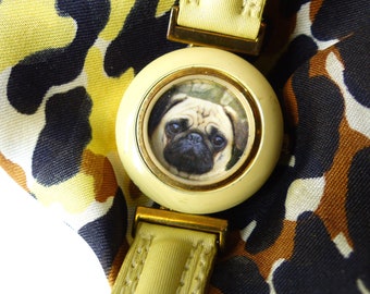 Sweet upcycled watch featuring a make you smile sweet Pug mug. Vanilla band with gold face frame. One of a kind & packaged as a gift.