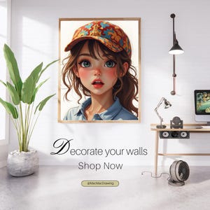 Cute Girl Portrait Digital Art – Big Eyes Anime Style Wall Print | Aesthetic Cartoon Illustration Download