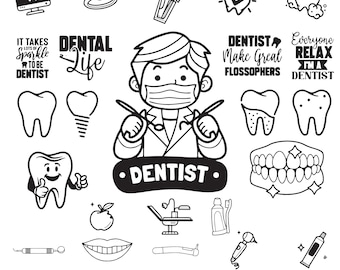 Pakiet Dental SVG, Klipart dentystyczny do Cricut, Sylwetki cytatów dentystycznych, Wektory dentystyczne, Naklejki dentystyczne, Pilniki dentystyczne do cięcia.