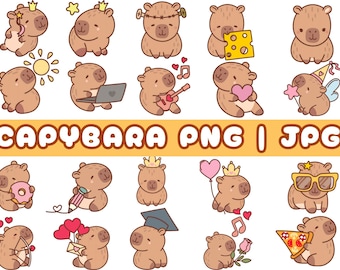 Schattige capibara PNG JPG bundel, kawaii capibara clipart, grappige capibara stickers, digitale download, afdrukbare capibara kunst
