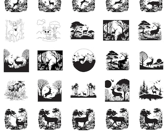 Pakiet Deer SVG, Clipart Deer in the Forest dla Cricut, Wektor zwierząt leśnych, Naklejka z jeleniem, Sylwetka jelenia, Plik do cięcia Deer in the Forest.
