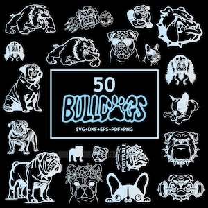 May include: A collection of 50 black and white bulldog illustrations. The illustrations feature bulldogs in various poses, including sitting, standing, and running. The text "50 BULLDOGS" is displayed in blue with a paw print in the middle of the word "BULLDOGS". The text "SVG+DXF+EPS+PDF+PNG" is displayed below the word "BULLDOGS".