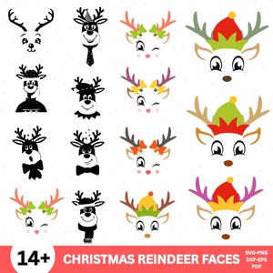 Christmas Reindeer Faces svg Bundle, Reindeer Clipart, Christmas Vector, Reindeer Face Decal, Girl Reindeer Cut Files, Digital Download, PNG
