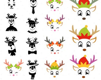 Christmas Reindeer Faces svg Bundle, Reindeer Clipart, Christmas Vector, Reindeer Face Decal, Girl Reindeer Cut Files, Digital Download, PNG