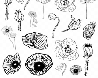 Poppy Flower Svg Bundle, Floral Line Art Cut Files, Cricut dxf png pdf, Botanical Poppy Clipart, Nature Flower Design, Digital Download