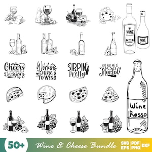 Wine and cheese Svg Bundle, Wine Clipart For Cricut, Winery Vector, Cheese Decal, Wine Cut Files, Grape Wine Silhouette.