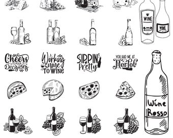 Wijn en kaas Svg-bundel, wijn Clipart voor Cricut, Winery Vector, kaas sticker, wijn gesneden bestanden, druivenwijn silhouet.